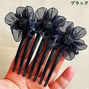 ヘアコーム かんざし 簪 女性用 ヘアアクセサリー 髪飾り 髪留め チュール 花 フラワー ビジュー 夜会巻き 着物 和装 浴衣