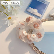 シュシュ レディース ヘアアクセサリー チュール シアー 透け感 花 刺繍 オーロラ イチゴ かわいい おしゃれ まとめ髪 ヘアアレンジ ヘアゴム ポニーテール お団子 シニヨン デイリー 普段使い 女性用 婦人用 パステルカラー ピンク イエロー パープル ブルー 黄色 紫 青 水色
