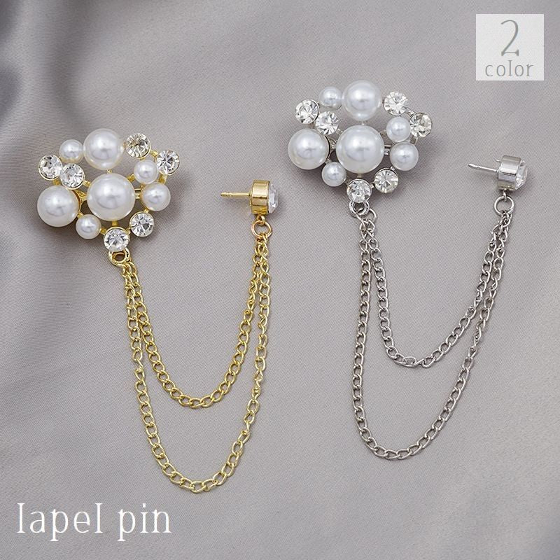 ラペルピン ピンブローチ レディース メンズ アクセサリー チェーン フェイクパール ラインストーン 結婚式 パーティー 上品 華やか おしゃれ