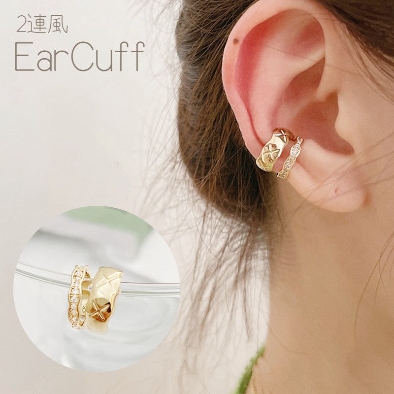 イヤーカフ イヤークリップ 片耳用 単品 重ね付け風 2連 レディース 女性 アクセサリー 幅広 ラインストーン キラキラ 華やか ゴールドカラー おしゃれ 大人可愛い お出かけ 普段使い プレゼント ギフト ファッション小物