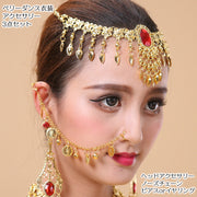 ベリーダンス アクセサリー3点セット ヘッドアクセサリー イヤリング ピアス ノーズチェーン 衣装 レディース ネックレス 2way フックピアス クリップイヤリング ヘッドドレス ストーン ビジュー コイン 舞踏 インド風 アラビアン風 コスプレ ステージ衣装 華やか エスニック 女性用 婦人用