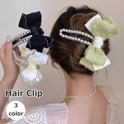 ヘアクリップ リボン付き レディース 女性 婦人 ヘアアクセサリー 髪飾り パール調 かわいい おしゃれ お出かけ まとめ髪