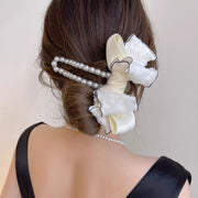 ヘアクリップ リボン付き レディース 女性 婦人 ヘアアクセサリー 髪飾り パール調 かわいい おしゃれ お出かけ まとめ髪