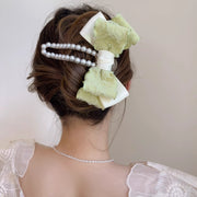 ヘアクリップ リボン付き レディース 女性 婦人 ヘアアクセサリー 髪飾り パール調 かわいい おしゃれ お出かけ まとめ髪