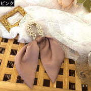 ヘアゴム ビーズシュシュ レディース ヘアアクセサリー 髪飾り 髪留め ヘアアレンジ まとめ髪 パール風 リボン 大きめ ロング