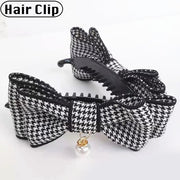 ヘアクリップ バナナクリップ リボン レディース ヘアアクセサリー 髪留め 髪飾り まとめ髪 ヘアアレンジ フェイクパール パール調 千鳥柄 女性用 婦人用