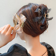 バンスクリップ ヘアクリップ ヘアアクセサリー レディース メッシュ リボン フェイクパール 揺れる ヘアアレンジ 髪飾り 髪留め かわいい おしゃれ 上品 綺麗 簡単 ファッション小物 女性用 婦人用