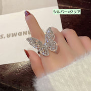 オープンリング 指輪 アクセサリー レディース 女性 バタフライ 大ぶり かわいい 華やか ラインストーン キラキラ 両耳用スタッドピアス バタフライ ゴールドカラー シルバーカラー フリーサイズ 存在感 婦人用