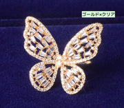 オープンリング 指輪 アクセサリー レディース 女性 バタフライ 大ぶり かわいい 華やか ラインストーン キラキラ 両耳用スタッドピアス バタフライ ゴールドカラー シルバーカラー フリーサイズ 存在感 婦人用