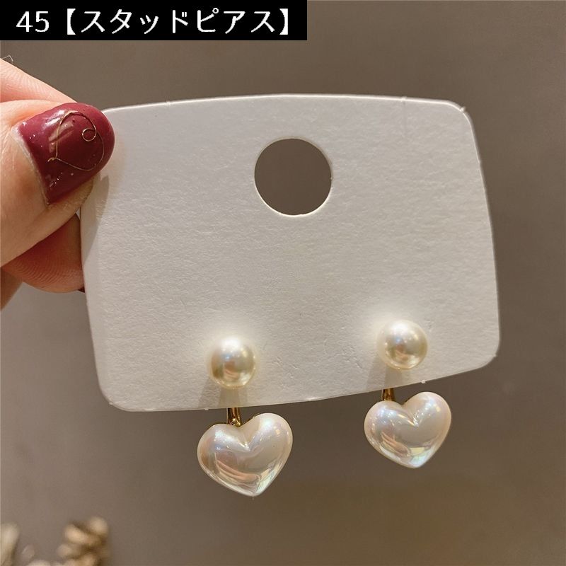 スタッドピアス フックピアス ハーフフープピアス ハート フェイクパール 女性 商品画像3