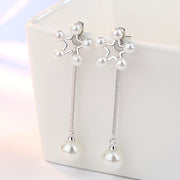 ピアス スタッドピアス 耳飾り 両耳用 レディース 女性 アクセサリー ロングピアス フェイクパール スター 星 揺れる チェーン ファッション小物 キャッチ付き おしゃれ シンプル 上品 かわいい ゆらゆら きれいめ キュート キラキラ ギフト プレゼント 記念日 お祝い パーティ 誕生日 シルバー