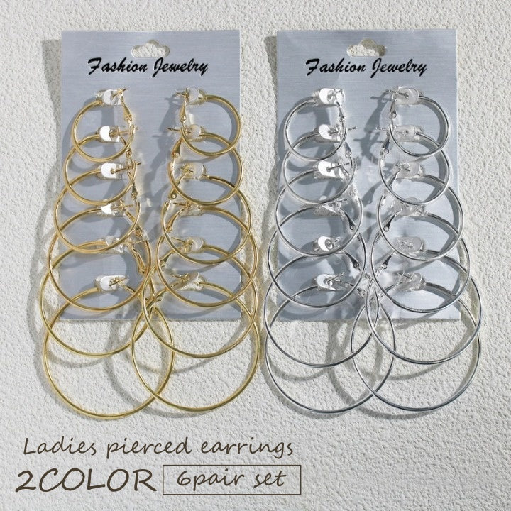 フープピアス 6ペアセット レディース アクセサリー リングピアス ピアス 大ぶり 大きめ わっか シンプル かわいい おしゃれ カジュアル 女性 大人女子 婦人