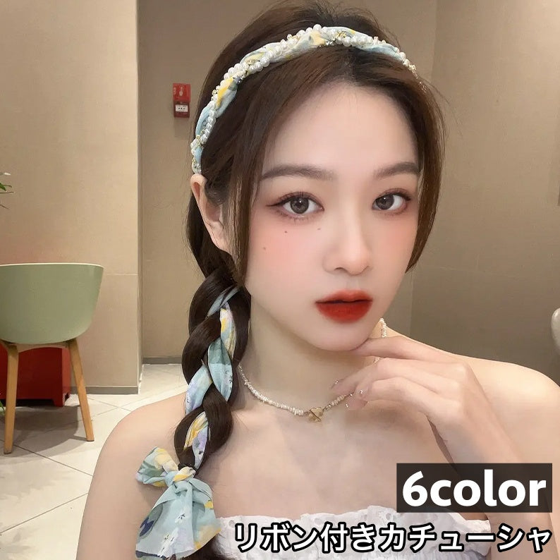 カチューシャ リボン付き レディース 女性 ヘアアクセサリー 髪飾り ヘアアレンジ 編み込み 花柄 かわいい おしゃれ 婦人用