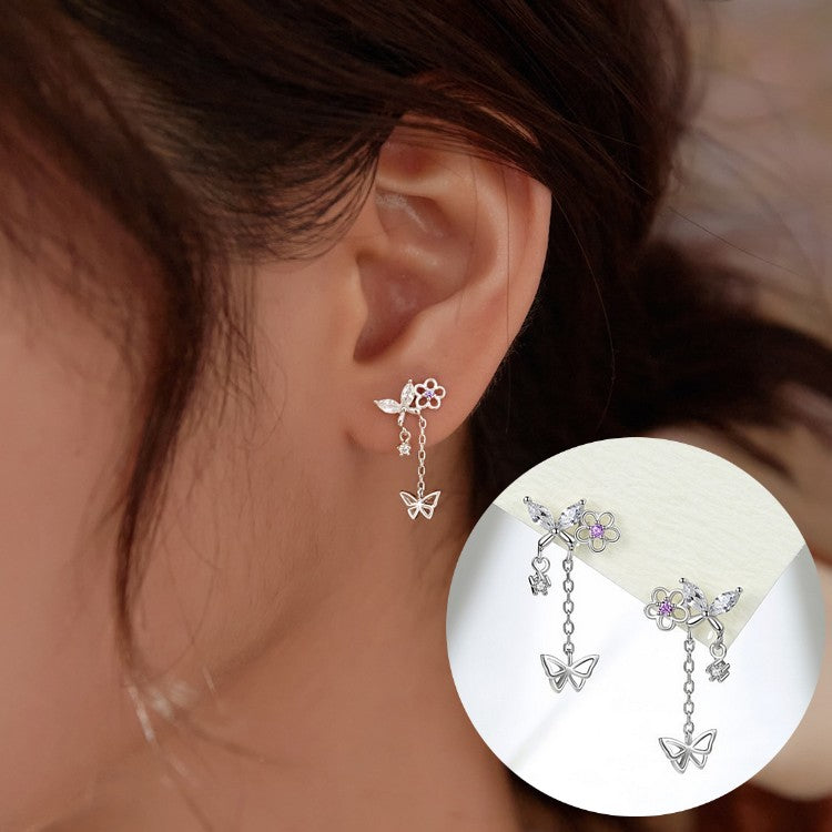 スタッドピアス アクセサリー レディース 女性用 ファッション小物 ラインストーン フラワモチーフ 花 蝶々 バタフライ チェーン 揺れる ゆらゆら おしゃれ かわいい プレゼント ギフト 誕生日 記念日
