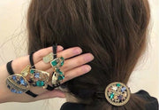 ヘアゴム ヘアアクセサリー 髪飾り レディース 女性 アクセサリー ラインストーン サークル 丸 スクエア 四角 リボン タグ付き ファッション小物 まとめ髪 ヘアアレンジ キラキラ レトロ かわいい キュート おしゃれ お出かけ 通勤 ギフト プレゼント 青 緑 金色