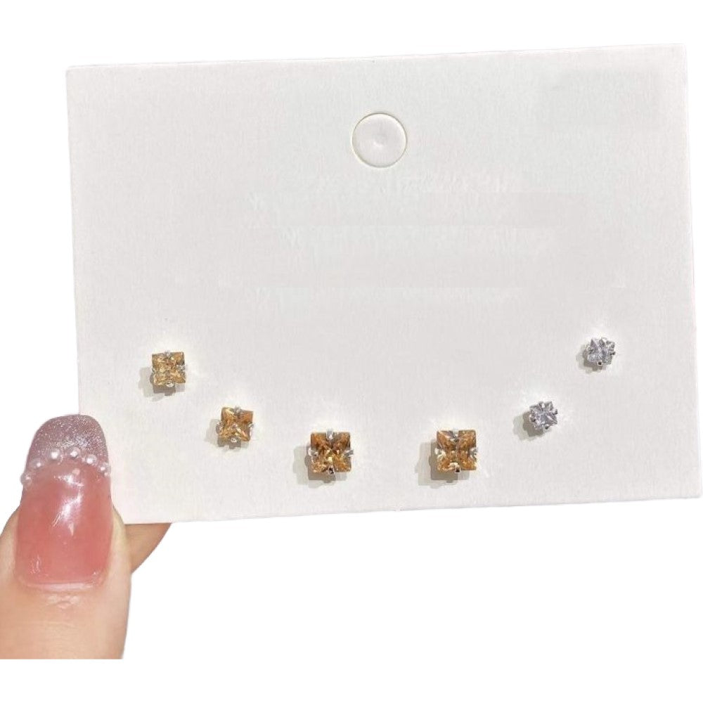 スタッドピアス 3ペア6個セット レディース アクセサリー ラインストーン シンプル シャンパン×スクエア バリエーション画像