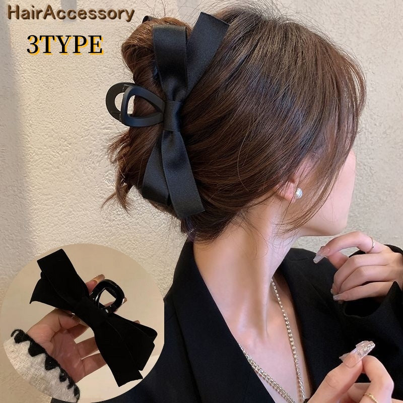 ヘアクリップ レディース ヘアアクセサリー 女性 婦人 ヘアアレンジ 髪留め 髪飾り まとめ髪 リボン ベロア調 ツヤ消し ツヤあり ブラック 黒