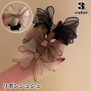 シュシュ リボンシュシュ ヘアゴム ヘアアクセサリー 髪ゴム レディース 透け感 シースルー ラインストーン まとめ髪 髪飾り 髪留め ヘアアレンジ おしゃれ かわいい フェミニン  シック 上品 キラキラ 大人可愛い きれいめ 女性用 婦人用