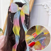 ヘアクリップ 子供 キッズ 女の子 ヘアアクセサリー 髪飾り リボン チェーン パール調 ロング カラフル キラキラ かわいい シフォン 仮装 ドレスに ハロウィン クリスマス 遊園地に グラデーション ロング 存在感 キュート ピンク ホワイト パープル 大ぶり 大きい