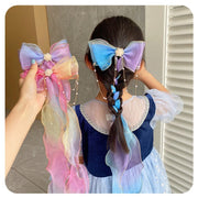 ヘアクリップ 子供 キッズ 女の子 ヘアアクセサリー 髪飾り リボン チェーン パール調 ロング カラフル キラキラ かわいい シフォン 仮装 ドレスに ハロウィン クリスマス 遊園地に グラデーション ロング 存在感 キュート ピンク ホワイト パープル 大ぶり 大きい
