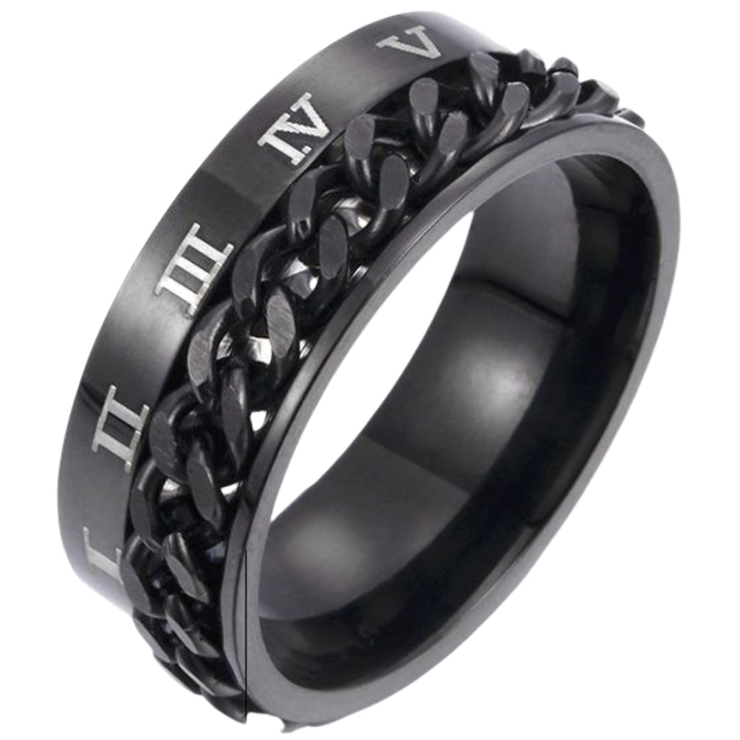 リング 指輪 メンズ 男性 アクセサリー 幅広 8mm チェーン 鎖 ローマ数字 かっこいい 高級感 高見え 存在感 普段使い カジュアル メタル 贈り物 誕生日 ギフト 普段使い プレゼント ファッション小物 婦人 紳士 ゴールドカラー シルバーカラー ブルー 青 ブラック 黒 レインボー カラフル