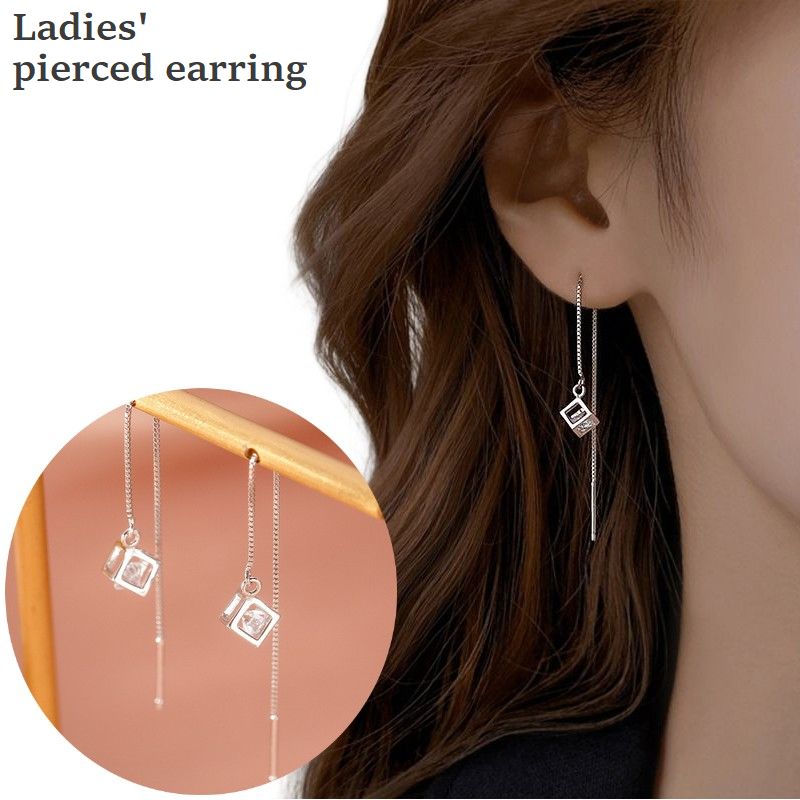アメリカンピアス チェーンピアス レディース アクセサリー ロングピアス 耳飾り キューブ 揺れる かわいい おしゃれ シンプル 女性用