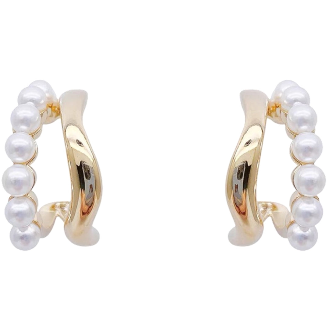 ピアス レディース アクセサリー スタッドピアス ゴールドカラー パール調 2連 半円 フープ 上品 オフィス デイリー 女性用 耳飾り