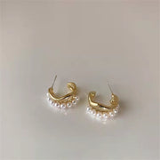 ピアス レディース アクセサリー スタッドピアス ゴールドカラー パール調 2連 半円 フープ 上品 オフィス デイリー 女性用 耳飾り