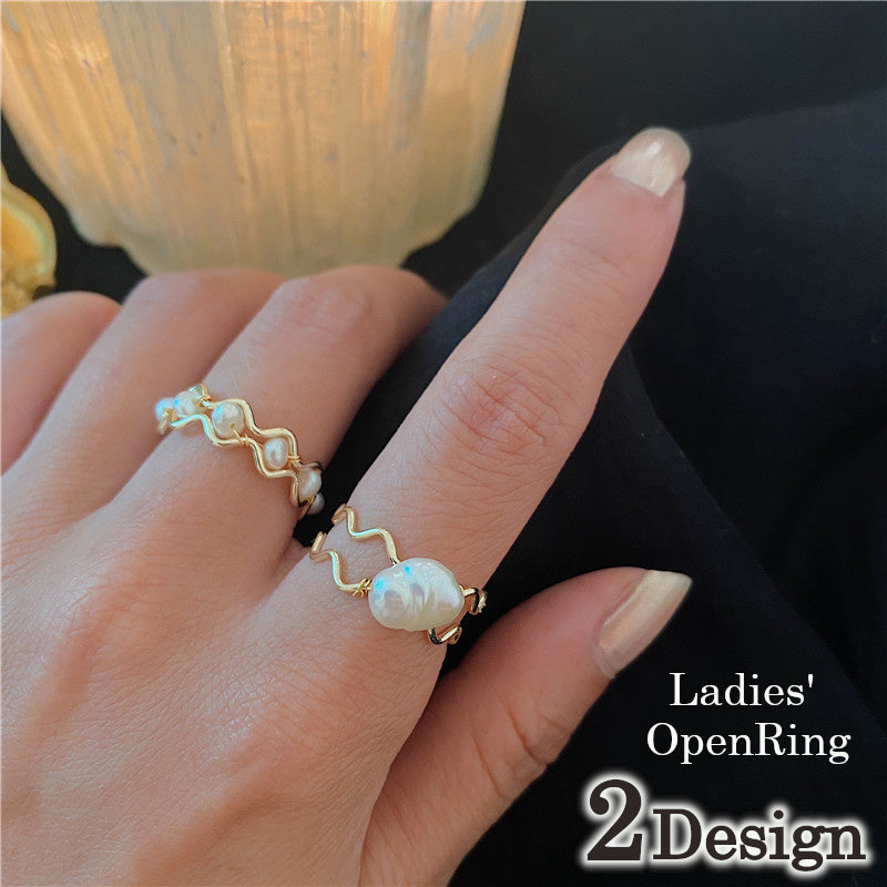 指輪 オープンリング レディース アクセサリー パール調 おしゃれ 上品 華やか かわいい ギフト 贈り物 プレゼント 女性用 婦人用 波形 ウェーブ ファッション小物