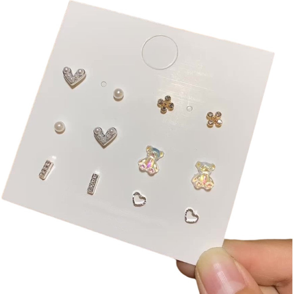 スタッドピアス 6ペアセット アクセサリー レディース 女性用 ファッション小物 小ぶり 小さめ ハート フェイクパール ラインストーン クマ シンプル かわいい おしゃれ プレゼント ギフト 誕生日 記念日 デイリー 普段使い 通勤 通学 オフィスファッション