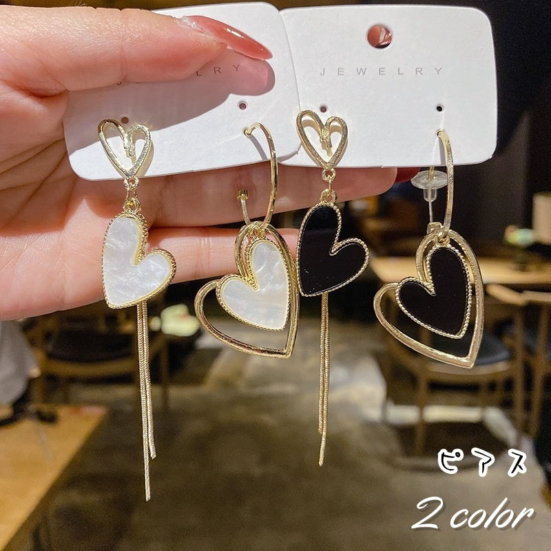 フックピアス スタッドピアス レディース 女性 アクセサリー ファッション雑貨 ハート アシンメトリーデザイン ブラック ホワイト ゴールドカラー かわいい キュート ガーリー フェミニン プレゼント ギフト