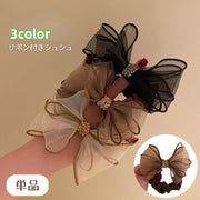 シュシュ リボン 単品 レディース ヘアアクセサリー シフォン オーガンジー ラインストーン キラキラ シースルー 髪飾り 髪留め 可愛い 大人女子