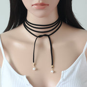 ストリングチョーカー ロング紐 レディース 女性 アクセサリー 揺れる 長め パール調 フェイクパール シンプル 可愛い お洒落 贈り物 プレゼント ギフト ファッション小物 レザー調 レザー風