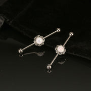 ボディピアス 軟骨ピアス インダストリアル 片耳用 レディース ストレートバーベル ロング 花 フラワー ビジュー オパール風