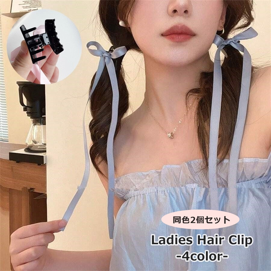 ヘアクリップ リボン付き 2個セット レディース 女性 婦人 ヘアアクセサリー 髪飾り ひらひら かわいい おしゃれ お出かけ まとめ髪 お団子
