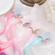 ヘアクリップ エクステ付き ヘアピン つけ毛 ポイントウィッグ 部分ウィッグ クチバシクリップ キッズ 子供 女の子 ヘアアクセサリー ヘアアレンジ ヘアピン 髪留め 2本セット グラデーションカラー ウェーブ カール モチーフ付き 星 スター ラメ キラキラ おしゃれ かわいい キュート ガーリー 青 ピンク ローズ 紫 黄 緑