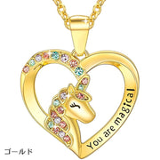 ネックレス ペンダント 首飾り レディース 女性 アクセサリー ファッション小物 ユニコーン ラインストーン ハート 英字入り 文字入り キラキラ かわいい キュート おしゃれ ガーリー 華奢 プレゼント 贈り物 ギフト 銀色 金色