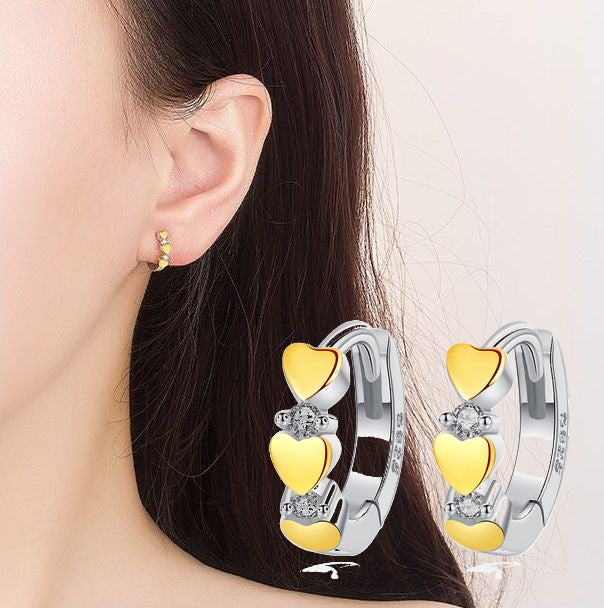 ピアス レディース アクセサリー フープピアス 女性用 ハート 3連 ラインストーン おしゃれ かわいい ゴールドカラー ギフト プレゼント