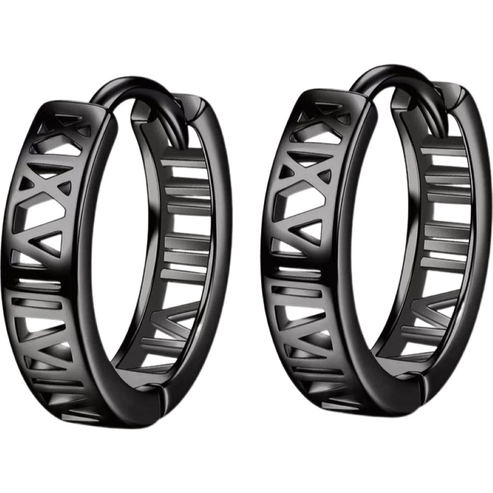 ピアス フープピアス 両耳用 メンズ 男性 アクセサリー 耳飾り 中折れタイプ ギリシャ数字 単色 シンプル かっこいい カジュアル おしゃれ 定番 おしゃれ プレゼント ギフト 記念日 お出かけ 黒 銀色