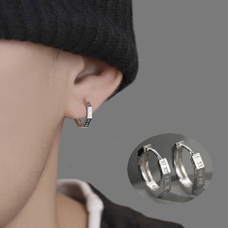 ピアス メンズ フープピアス アクセサリー 男性用 リングタイプ シルバーカラー ローマ数字 カッティング リング おしゃれ かっこいい ギフト プレゼント レディース 女性 クール カジュアル 八角形 オクタゴン