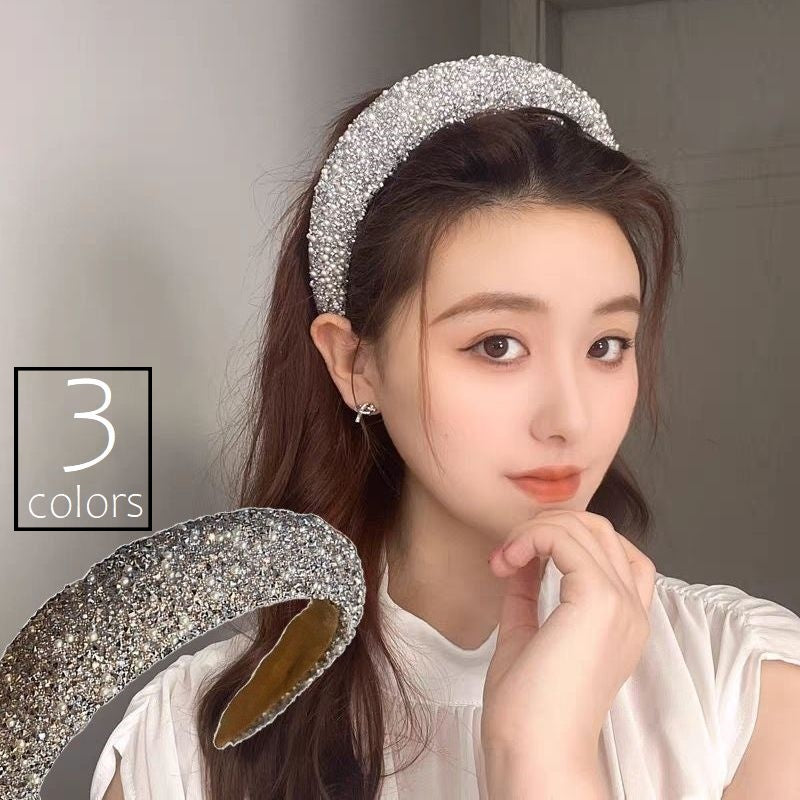 カチューシャ ヘアアクセサリー レディース 幅広 ワイド ヘアアレンジ キラキラ パール調 ビーズ 髪留め 髪飾り ヘアアクセント ブラック ホワイト グレー