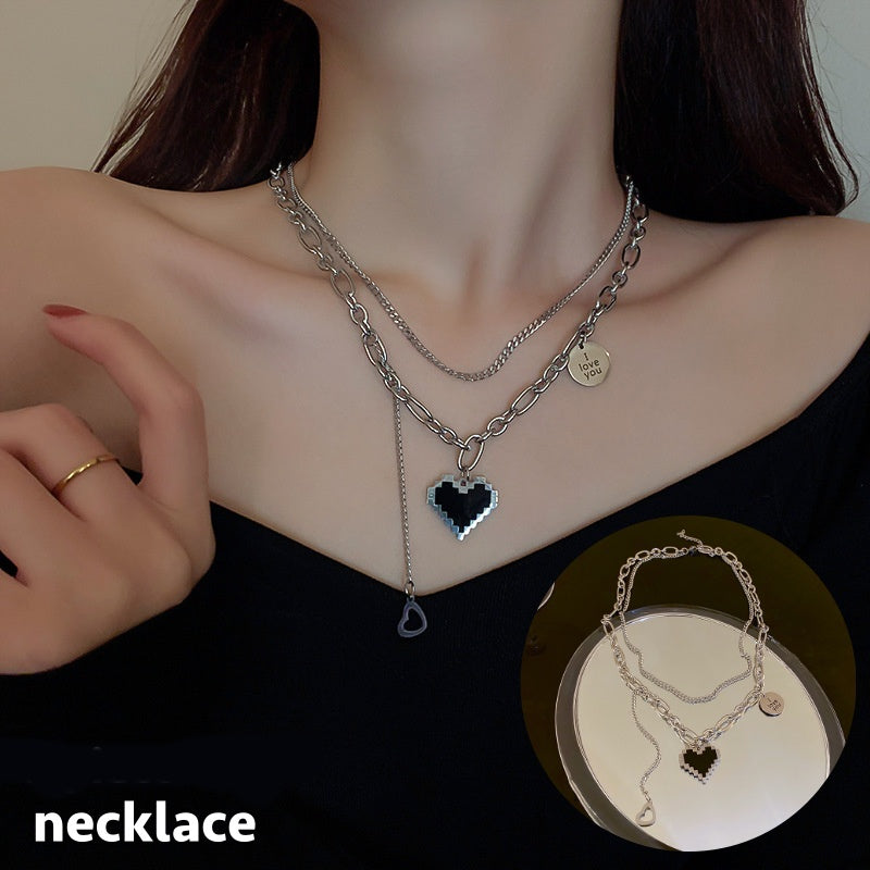 ネックレス 重ね付け風 二連 レディース 女性 アクセサリー チェーン 太め 細め ハートモチーフ ごつめ 存在感 シルバーカラー おしゃれ かわいい かっこいい 首飾り お出かけ 普段使い ギフト プレゼント ファッション小物