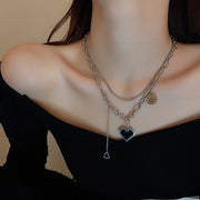 ネックレス 重ね付け風 二連 レディース 女性 アクセサリー チェーン 太め 細め ハートモチーフ ごつめ 存在感 シルバーカラー おしゃれ かわいい かっこいい 首飾り お出かけ 普段使い ギフト プレゼント ファッション小物