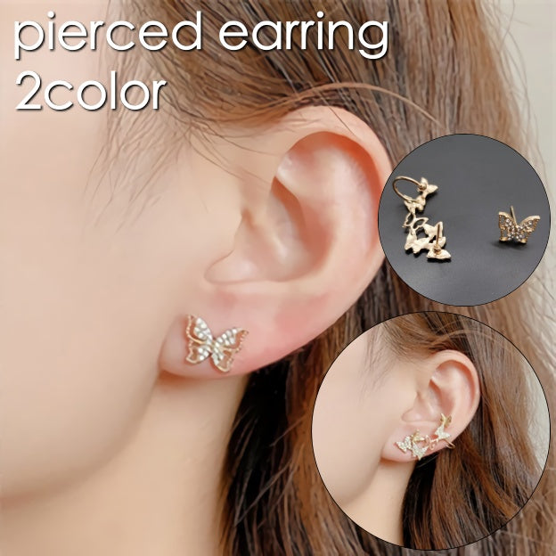 ピアス スタッドピアス アシンメトリー クリップ付き レディース 女性 アクセサリー 蝶 バタフライ ラインストーン キラキラ 華やか お洒落 可愛い お出かけ 普段使い デイリー 耳飾り ファッション小物 婦人用 プレゼント ギフト