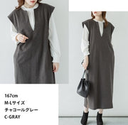 ワンピース ロング丈 ジャンスカ ワンピ ジャンパースカート 重ね着 レディース 女性 半袖 キーネック ゆったり スリット ポケット 無地 単色 シンプル 合わせやすい 上品 おしゃれ 大人可愛い 婦人服