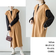 ワンピース ロング丈 ジャンスカ ワンピ ジャンパースカート 重ね着 レディース 女性 半袖 キーネック ゆったり スリット ポケット 無地 単色 シンプル 合わせやすい 上品 おしゃれ 大人可愛い 婦人服