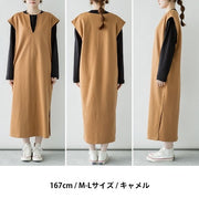 ワンピース ロング丈 ジャンスカ ワンピ ジャンパースカート 重ね着 レディース 女性 半袖 キーネック ゆったり スリット ポケット 無地 単色 シンプル 合わせやすい 上品 おしゃれ 大人可愛い 婦人服