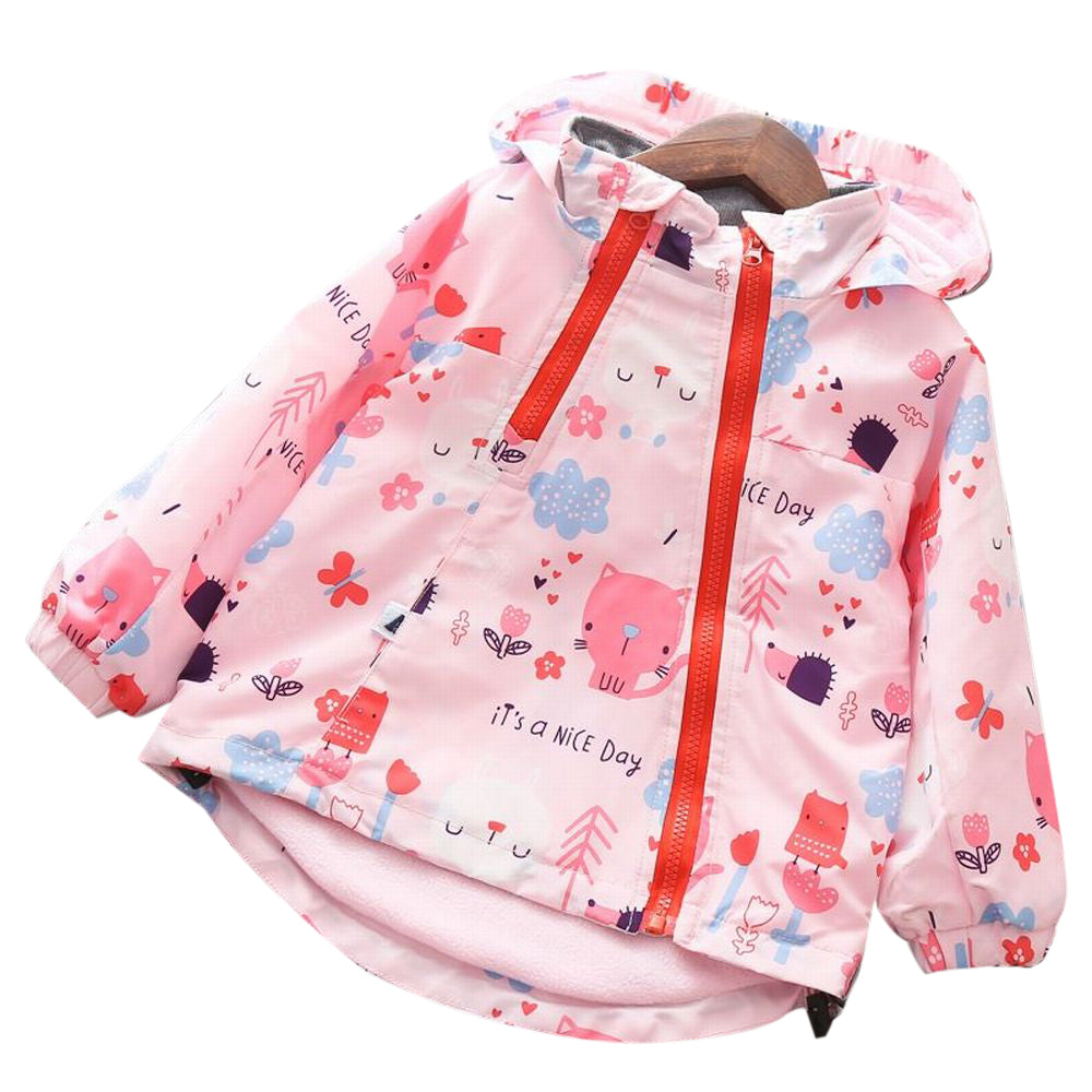 ウインドブレーカー ジャンパー キッズ 子供服 アウター 長袖 フード付き 裏起毛 ファスナー ジッパー 前開き プリント 動物 アニマル 鮮やか 明るい カラフル かわいい キュート おしゃれ 女の子 女児 ガールズ