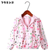 ジャンパー キッズ 子供服 女の子 男の子 アウター 上着 長袖 ジップアップ チャック フード付き 袖ゴム 総柄 動物 アニマル フラミンゴ ピンク かわいい キュート カジュアル 春 秋