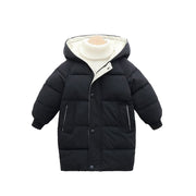 フード付きジャケット キッズ 子供服 ジュニア アウター 中綿入り ダウン風 ジップアップ ロング丈 ミディアム丈 膝丈 スナップボタン ジャンパー ブルゾン 単色 おしゃれ 無地 暖かい 冬 シンプル カジュアル バイカラー きれいめ 男の子 女の子 オフホワイト レッド グリーン ブラック ブルー
